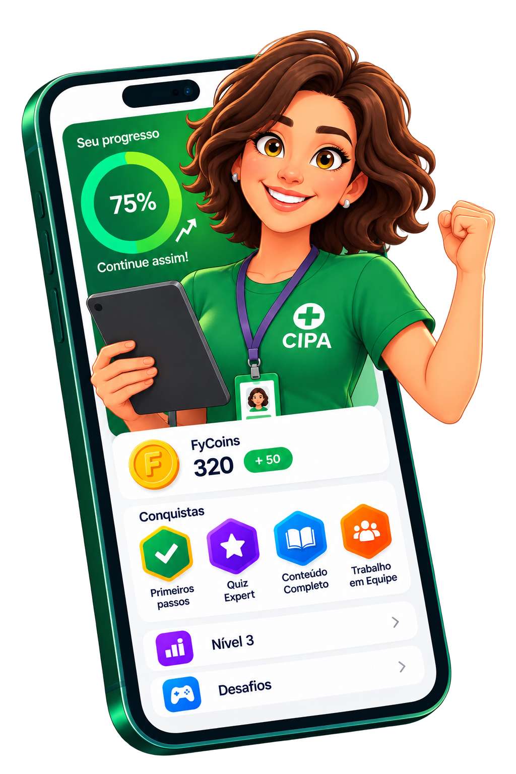 Participante acompanhando progresso, FyCoins, nível e conquistas na formação de CIPA